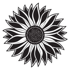 Bold black and white stylized sunflower illustration with detailed petals and seed head