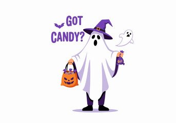 Halloween ghost character asking for candy with transparent background