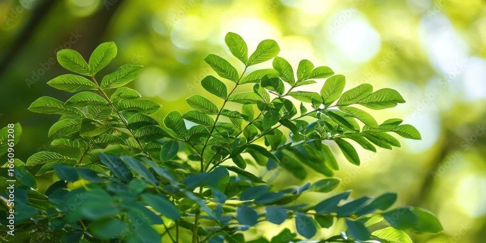 Poster a close-up shot of vibrant green leaves emerging from a tree branch, bathed in soft, dappled sunligh
