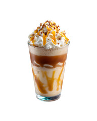 An iced caramel macchiato frappe in a glass, topped with whipped cream and a drizzle of caramel