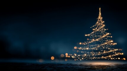 Christmas tree silhouette with glowing golden lights on dark blue background, minimal style holiday decoration with 65% blank space for advertising, greeting card or festive message.