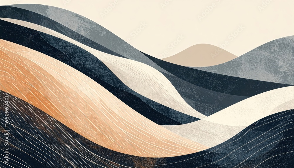 Poster abstract landscape with flowing layers of textured earth tones and neutral colors, stylized mountain