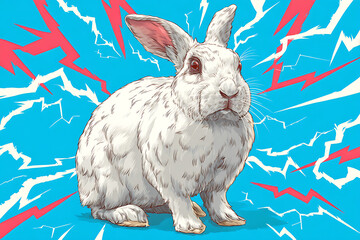 A cartoon-style white rabbit surrounded by vibrant lightning bolts on a bright blue background