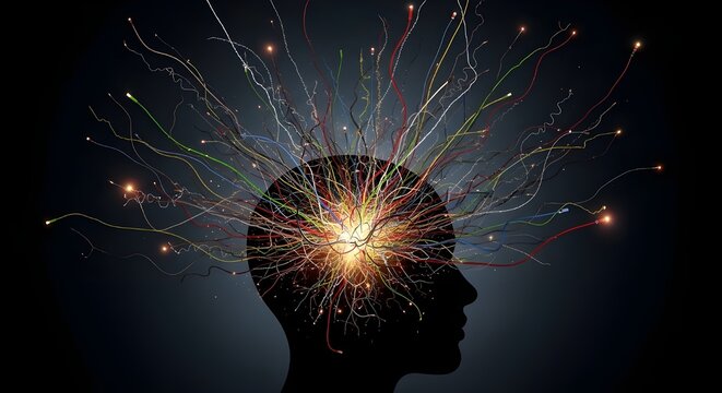 A head exploding with a chaotic tangle of wires, visualizing sensory overload.