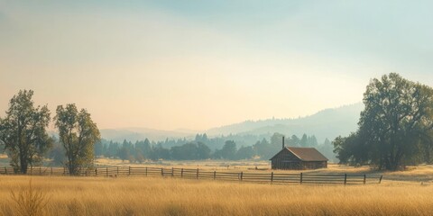 A rustic wooden barn sits in a vast, golden field under a hazy, overcast sky. A weathered wooden fence encloses the field, and a line of trees stretches across the distant hills. 