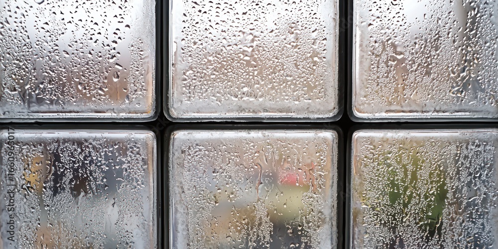 Poster raindrops cling to the surface of a window pane, obscuring the view of the outside world. the window