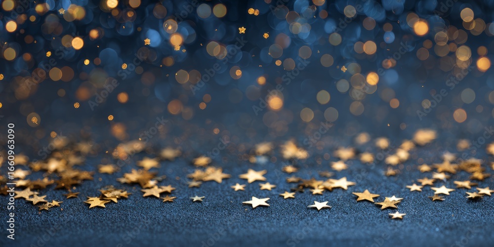 Poster Golden Stars Sparkle on a Dark Background, Creating a Magical Bokeh Effect in Low Light