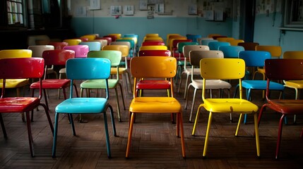 Classroom with neat rows of colorful chairs background