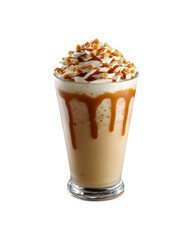 An iced caramel macchiato frappe in a glass, topped with whipped cream and a drizzle of caramel