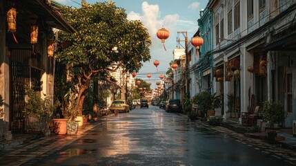 Fototapeta premium A vibrant street scene in Phuket Town illuminated by traditional Chinese lanterns