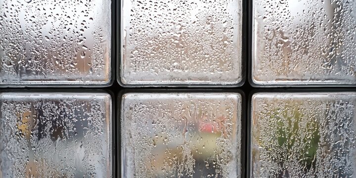Raindrops cling to the surface of a window pane, obscuring the view of the outside world. The window is composed of individual, square blocks - Powered by Adobe