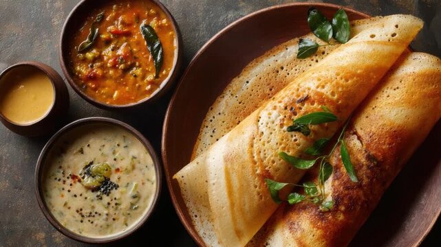 Crispy Dosa Delight: A vibrant display of golden-brown dosa served with flavorful accompaniments, ready to captivate any food lover's palate.