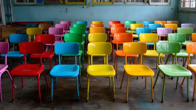 Classroom with neat rows of colorful chairs background