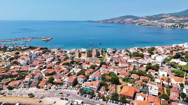 4k drone video of Dikili's magnificent town Candarli With castle and fascinating peninsula view. Izmir in Turkiye.