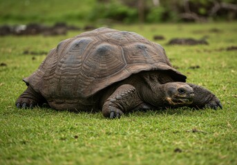 Fototapeta premium Witness the serene grandeur of a giant Galapagos tortoise as it peacefully grazes on vibrant green grass, a symbol of prehistoric wildlife and ecological wonder.