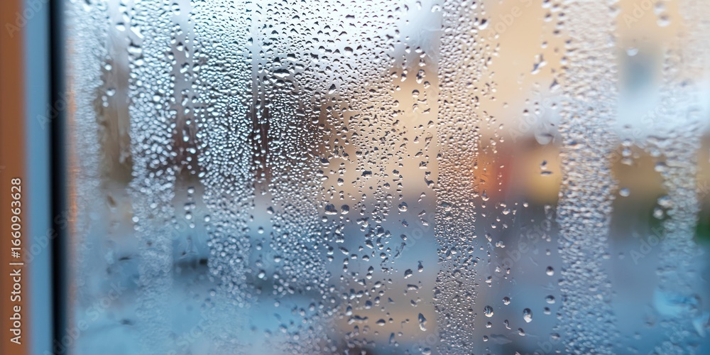 Poster rain streaks down a windowpane, blurring the view of a cityscape beyond. the glass is covered in num
