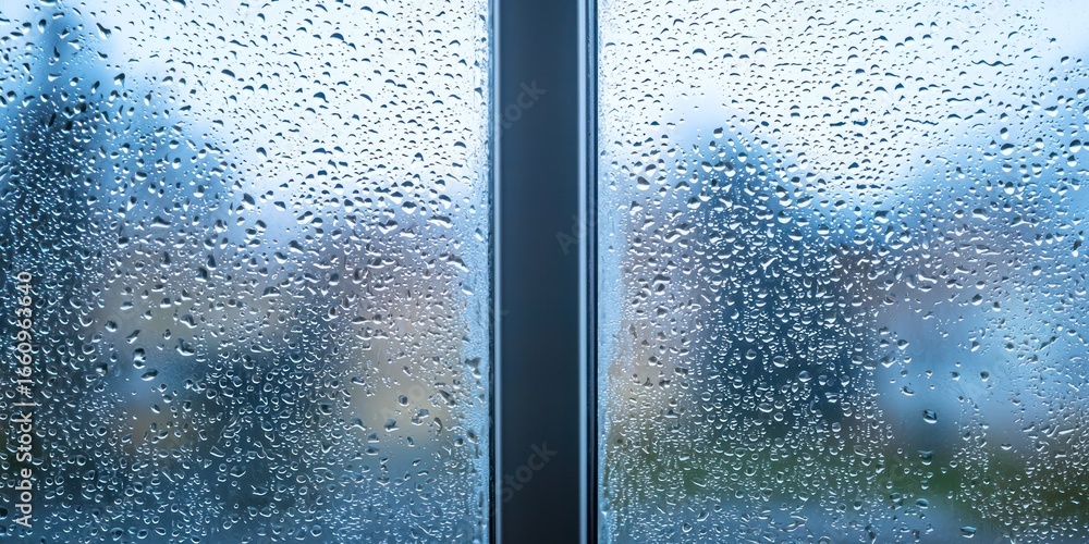 Aufkleber rain streaks down a windowpane, blurring the distant cityscape. the window frame is dark and vertica