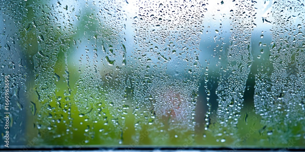 Poster rain streaks down a windowpane, blurring the view of a green landscape beyond. the glass is wet and 