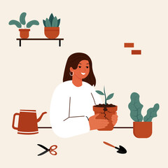 A woman carefully nurtures a small plant in a cracked pot, symbolizing the slow and steady process of healing. The image suggests that personal growth and recovery require patience and care.
