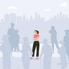 A young woman stands alone in a city crowd, feeling isolated and detached from her surroundings