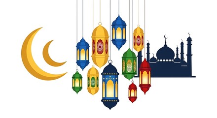 Ramadan Kareem & Eid Mubarak Festive Illustration: Colorful Islamic Lanterns, Golden Crescent Moons, and Mosque Silhouette on White