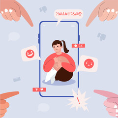 A person is trapped inside a smartphone screen, overwhelmed by social pressure and negative online comments.