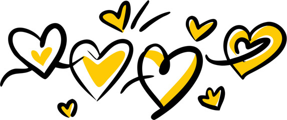 Hand drawn hearts with yellow accents scattered across a white background creating a playful design