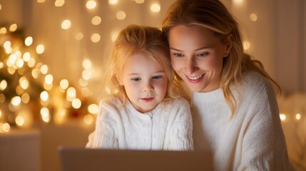 A cozy scene of a mother and daughter smiling while looking at a laptop, surrounded by warm, glowing lights.