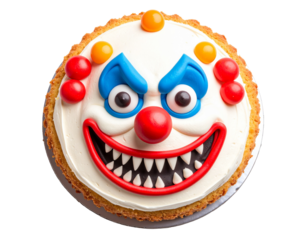 A fun and colorful clown face cake with a bright blue nose, great for a birthday party.
