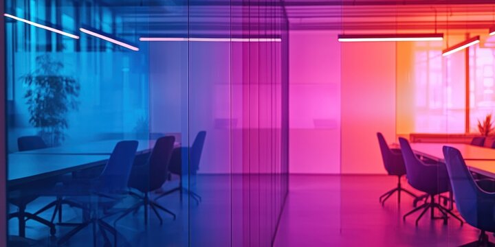 A modern, dimly lit conference room is divided into two distinct halves by a glass partition. One side is bathed in vibrant pink and magenta light, while the other glows with cool blue and cyan hues.