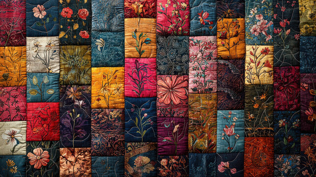 A vibrant patchwork tapestry woven with paisley and floral motifs inspired by the rich artistry of India, boasting a damask style pattern ideal for textiles and decorative elements 