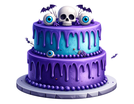 A purple and blue monster cake with multiple eyes, perfect for a spooky children's party.