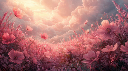 A vibrant pink meadow bathed in the soft glow of morning sunlight, dotted with wildflower blossoms that danced in a gentle breeze, a serene spring background adorned with blooming lilac bushes 