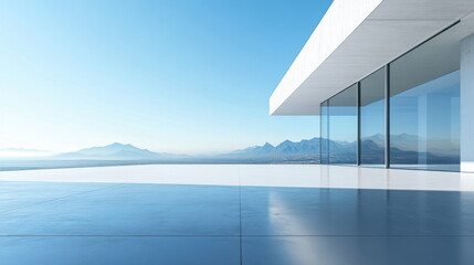 Fototapeta premium Minimalist Interior with Large Glass Windows and Mountain View