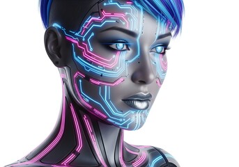 Female android portrait with glowing neon blue and pink circuits across face and body, high-detail futuristic cyberpunk aesthetic, isolated on bright white background.
