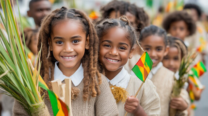 Smiling African children holding national flags during Yam Festival parade, celebrating heritage, culture, community spirit, and unity with vibrant traditional pride