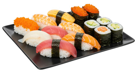 Assortment of delicious sushi and maki rolls on a dark plate isolated on transparent background