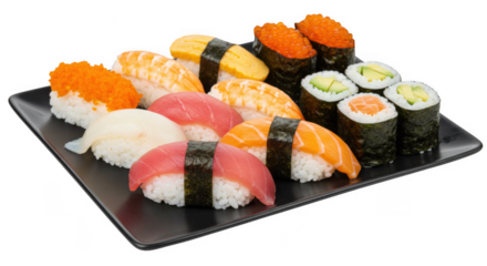 Assortment of delicious sushi and maki rolls on a dark plate isolated on transparent background