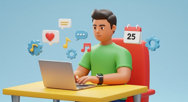 3D Character Working on Laptop with Social Media and Productivity Icons for a Modern Digital Lifestyle Design and Creative Workspace Concept