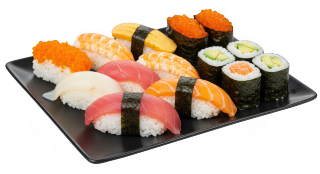 Assortment of delicious sushi and maki rolls on a dark plate isolated on transparent background
