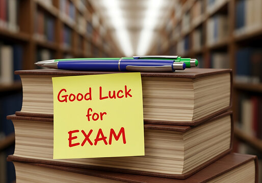 Stack of books with sticky note and pens wishing good luck for upcoming exams