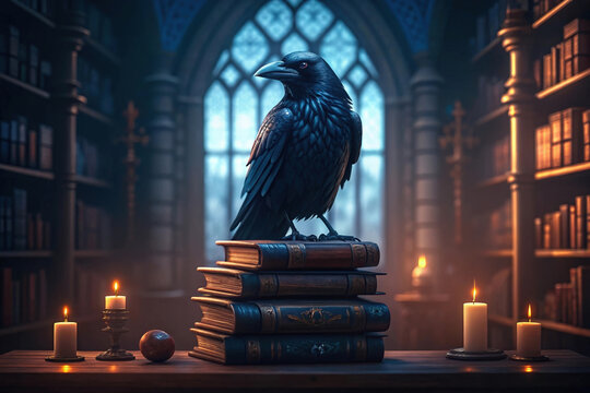 Intriguing Raven Perched on a Stack of Books in a Library with Candles and a Stained Glass Window