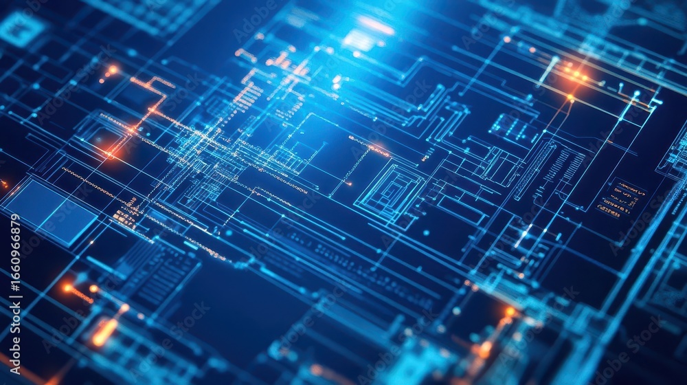 Poster high tech digital circuit board with circuitry and data flow in neon blue and orange lights for tech