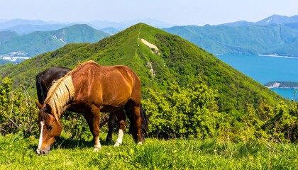 Horses grazing on a hillside with stunning mountain and sea views beyond