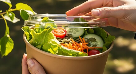 Healthy eating concept showing hands opening a fresh vegetable salad in a takeout container for a nutritious meal on the go.