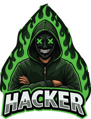 Hacker mascot with green flames and a mask with glowing green eyes on white logo character