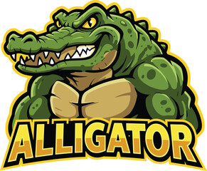 Muscular Green Alligator Mascot with Yellow Text Logo on White Background crocodile reptile