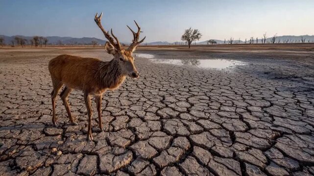 Deer Standing on Cracked Earth: A majestic deer stands amidst a barren landscape, its antlers silhouetted against the starkness of cracked earth, and small pool of water.