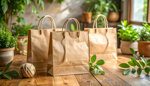 Eco-conscious retail concept featuring recyclable paper bags amidst vibrant houseplants, emphasizing sustainable living and responsible consumer choices.