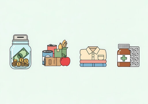 A set of simple icons representing charity and humanitarian aid, featuring essential donations like money, food, clothing, and medicine.